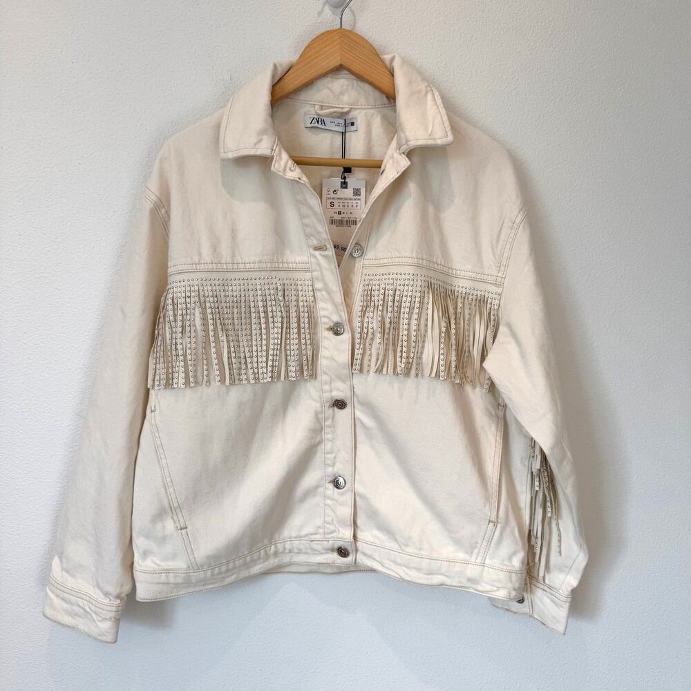 ZARA Cream White Western Fringe Studded Denim Jacket NWT Size Small